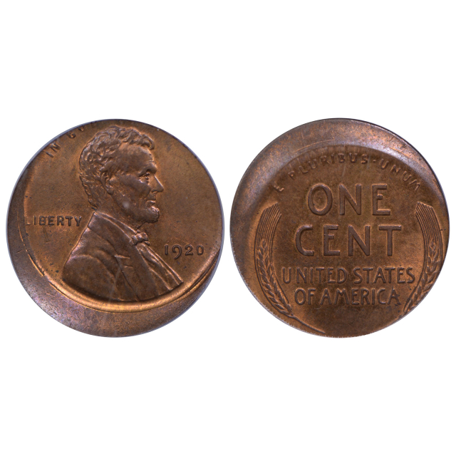 1920 1C Lincoln Cent Error - Struck 15% Off Center PCGS MS63RB